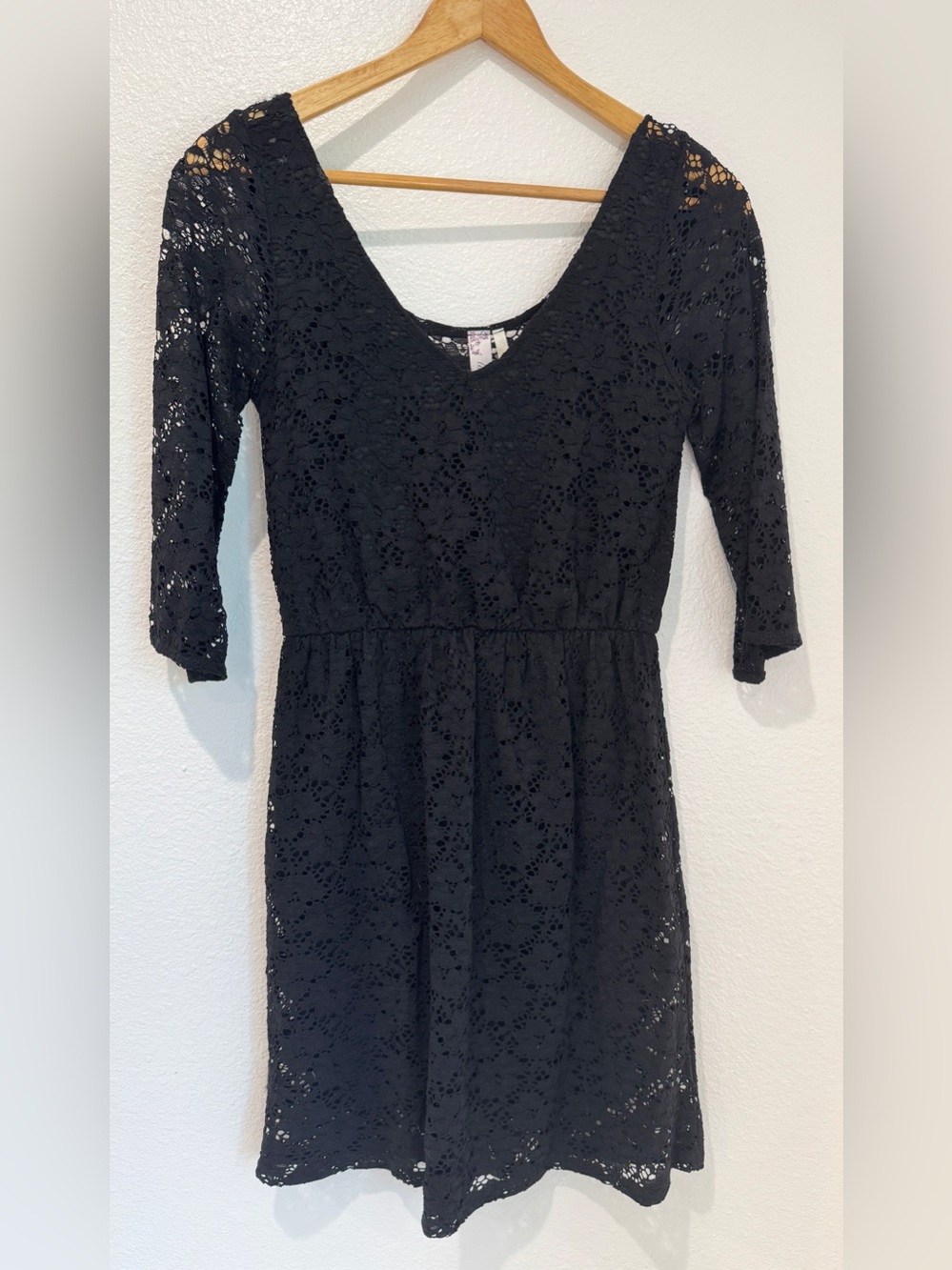Francesca’s Black Floral Lace 3/4 Sleeve Elastic Waist Lined Mini Dress Party S